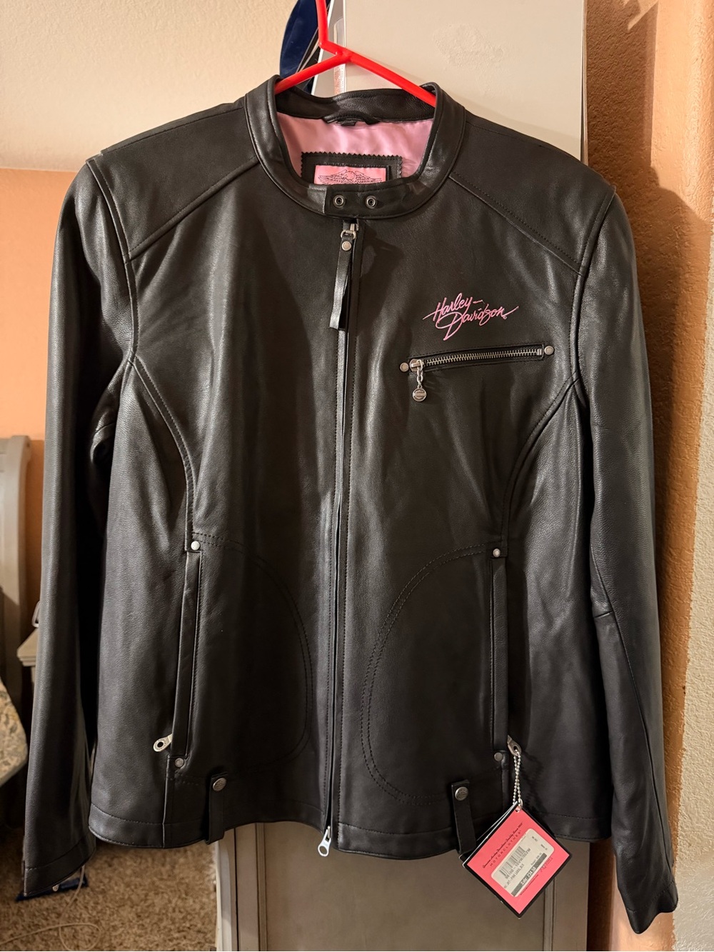 Harley-Davidson Black Leather Jacket with Pink Lining & Logo